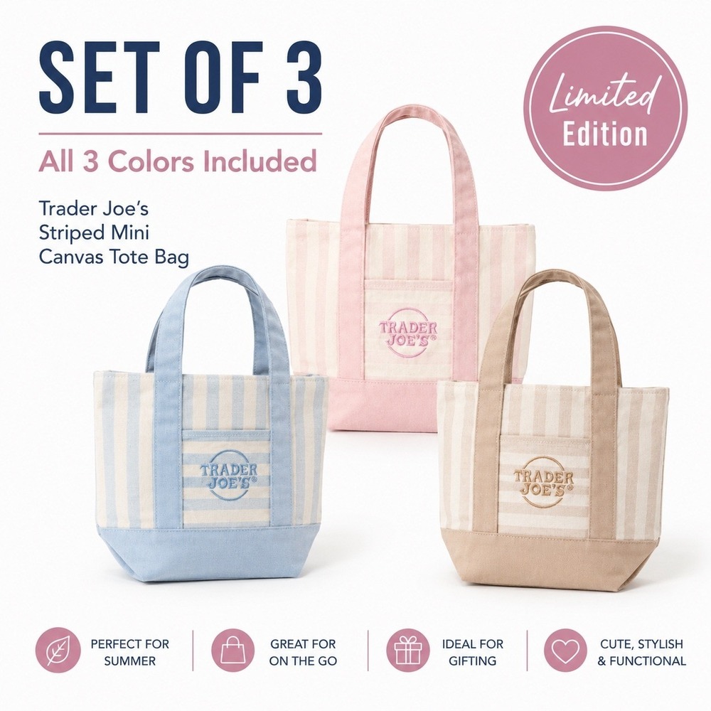 Trader Joes Striped Mini Canvas Tote Bag Blue Pink Tan Set of 3 NWT